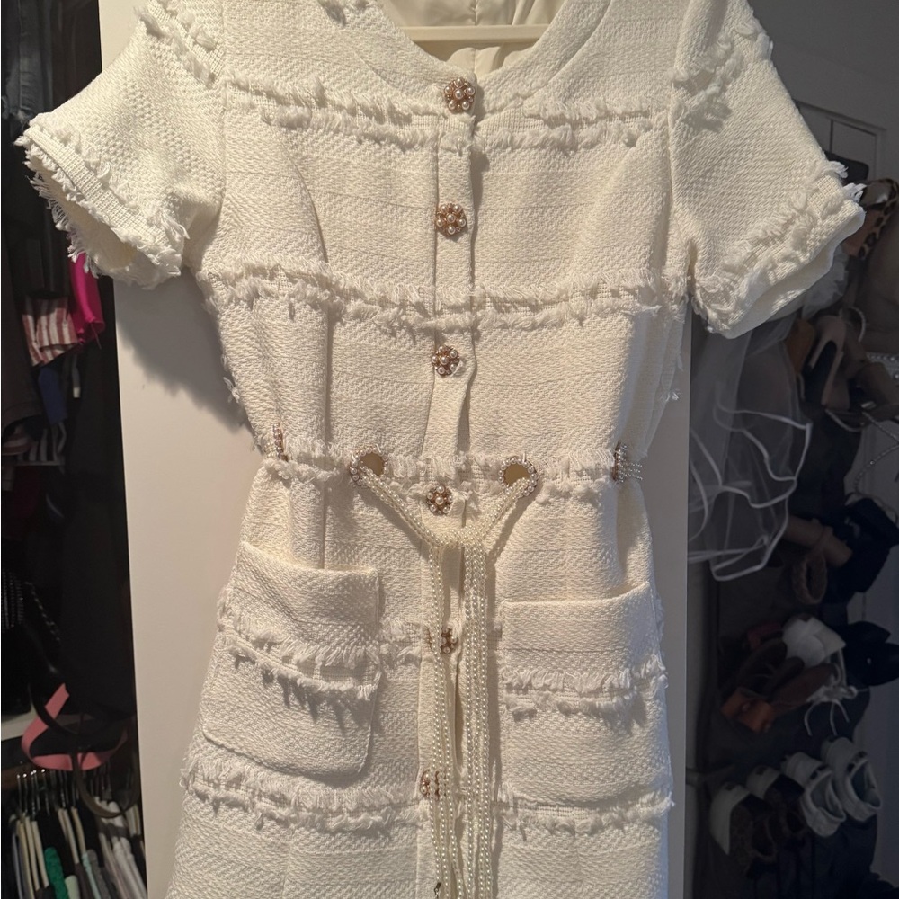 Cream Sheath Mini Dress with Puff Pearl Tie Front
